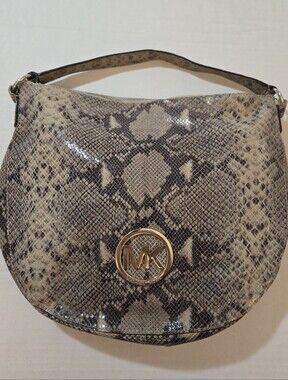 Michael Kors Fulton Python Embossed Leather Hobo Bag Gold MK Medallion